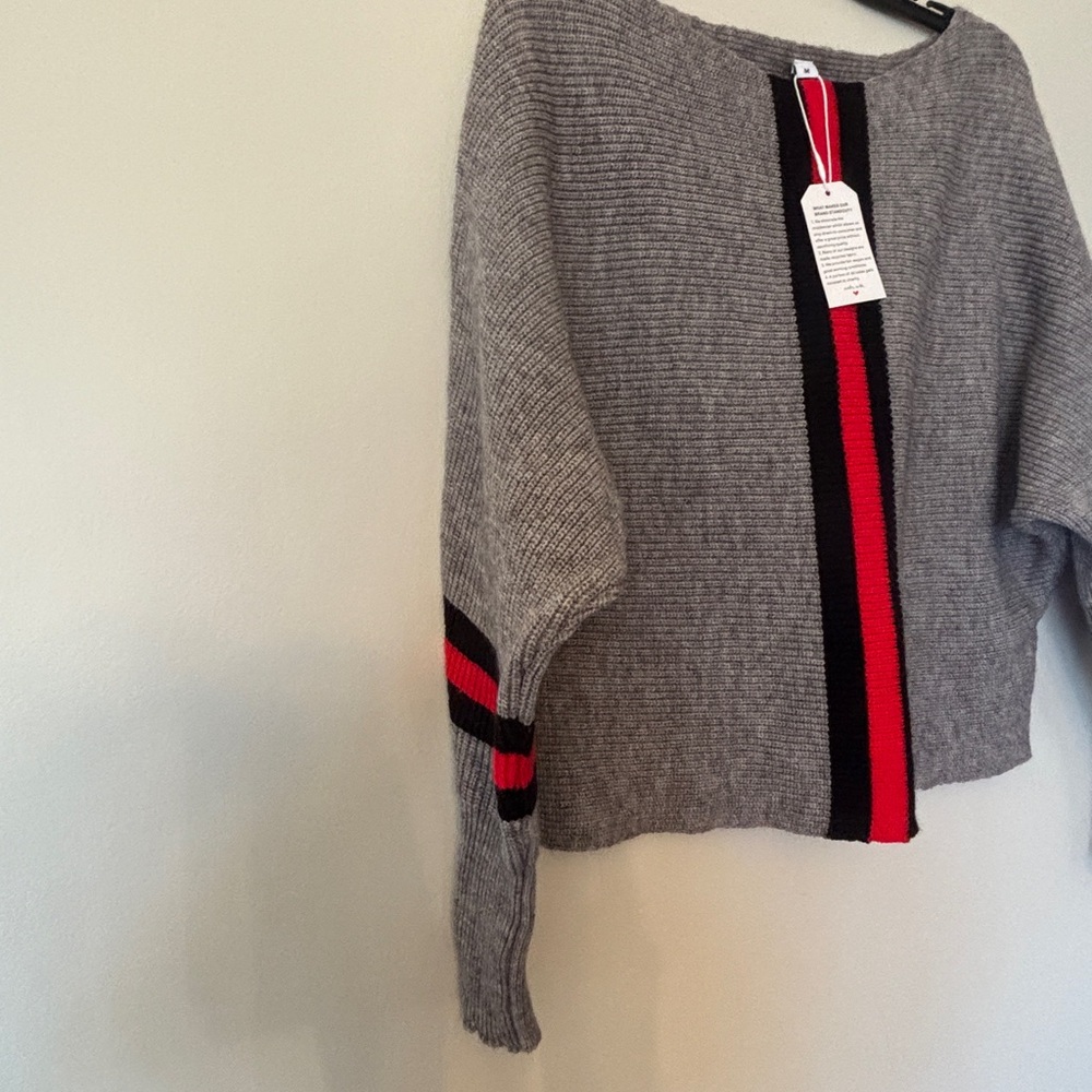 Gray Crewneck Sweater with Red & Black Stripe Detail - Picture 3 of 10